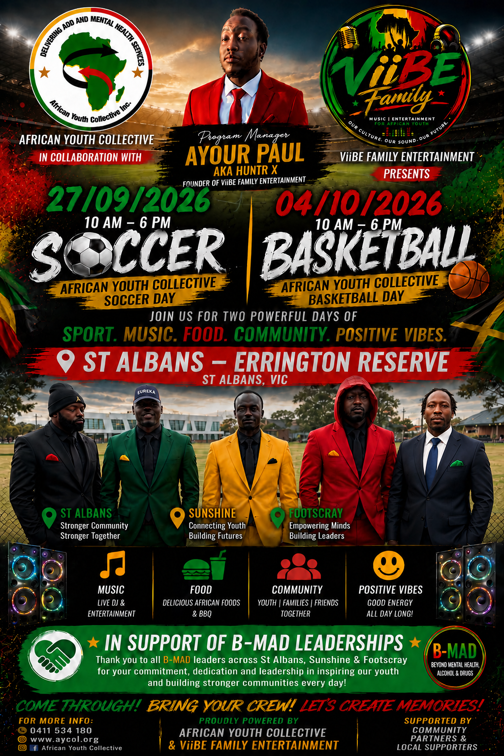 AYC Soccer Day 27 September 2026 and Basketball Day 4 October 2026 — St Albans Errington Reserve event poster